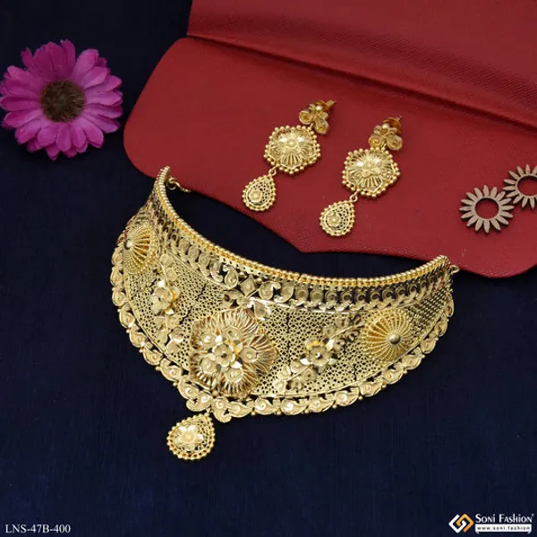 1_Gram_Gold_Plated_Fancy_Design_Choker_Necklace_Set_For_Women_Style_B400