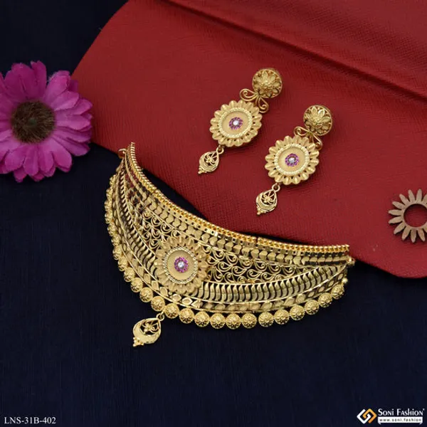 1_Gram_Gold_Plated_Exclusive_Design_Choker_Necklace_Set_For_Women_Style_B402
