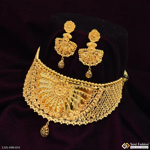 1_Gram_Gold_Plated_Choker_Necklace_Set_For_Women_Style_B034