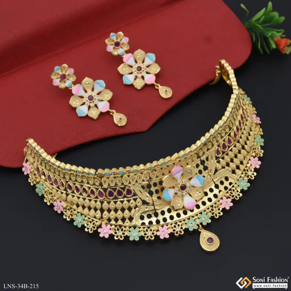 1_Gram_Gold_Plated_Opulent_Design_Choker_Necklace_Set_For_Women_Style_B215