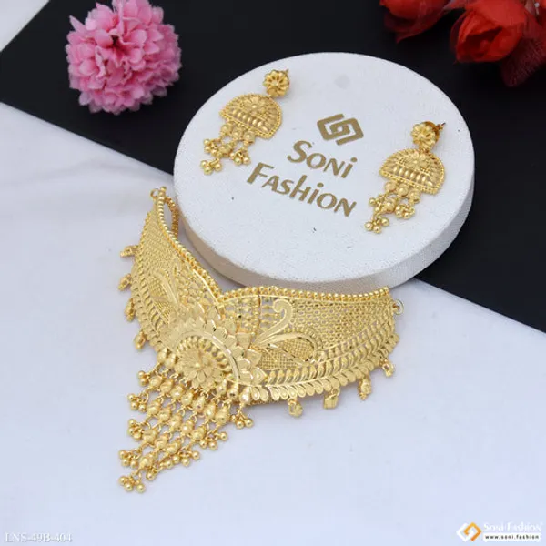 1_Gram_Gold_Plated_Decorative_Design_Choker_Necklace_Set_For_Women_Style_B404