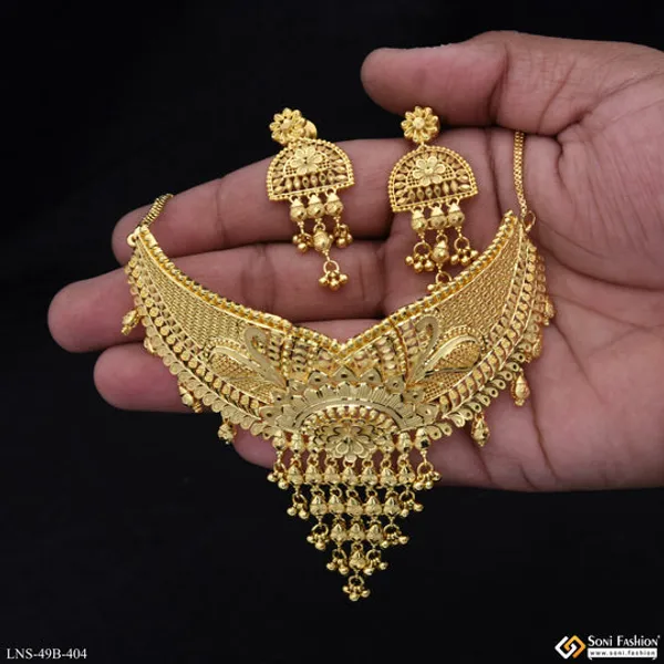 1_Gram_Gold_Plated_Decorative_Design_Choker_Necklace_Set_For_Women_Style_B404