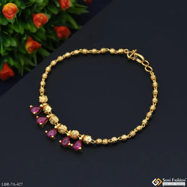 Brass_Beaded_With_Pink_Diamond_Gold_Plated_Bracelet_For_Ladies_Style_A427