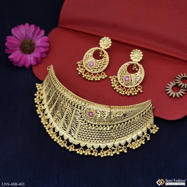 1_Gram_Gold_Plated_Brilliant_Design_Choker_Necklace_Set_For_Women_Style_B403