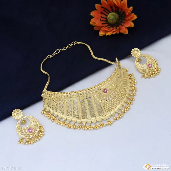 1_Gram_Gold_Plated_Brilliant_Design_Choker_Necklace_Set_For_Women_Style_B403