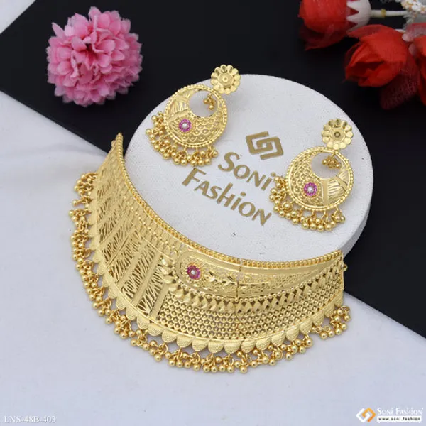 1_Gram_Gold_Plated_Brilliant_Design_Choker_Necklace_Set_For_Women_Style_B403