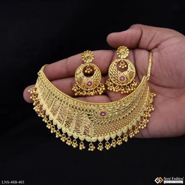 1_Gram_Gold_Plated_Brilliant_Design_Choker_Necklace_Set_For_Women_Style_B403