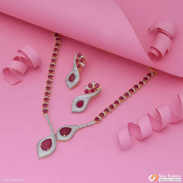 Pink_Stone_Gold_Plated_Diamond_Necklace_Set_For_Ladies_Style_B156