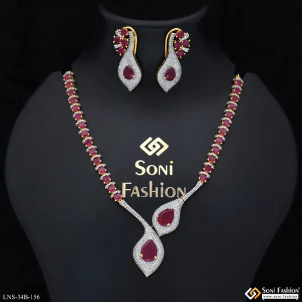 Pink_Stone_Gold_Plated_Diamond_Necklace_Set_For_Ladies_Style_B156