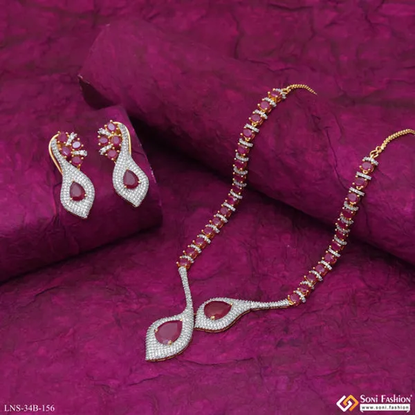 Pink_Stone_Gold_Plated_Diamond_Necklace_Set_For_Ladies_Style_B156