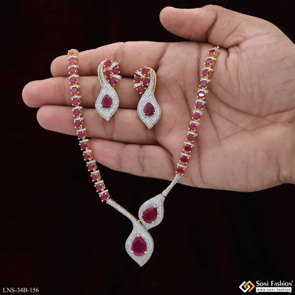 Pink_Stone_Gold_Plated_Diamond_Necklace_Set_For_Ladies_Style_B156