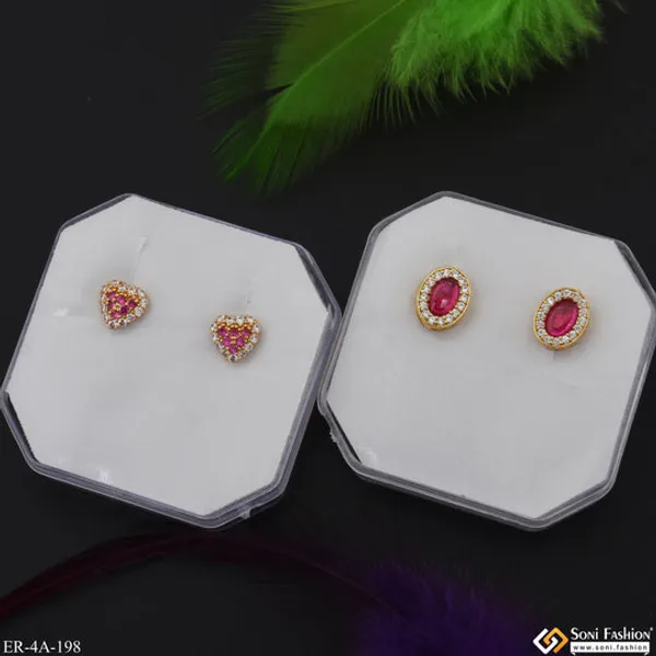 Pink_Diamonds_Gold_Plated_Two_Stud_Earrings_Set_For_Ladies_Style_A198
