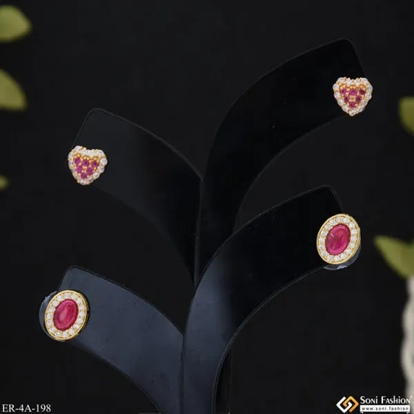 Pink_Diamonds_Gold_Plated_Two_Stud_Earrings_Set_For_Ladies_Style_A198
