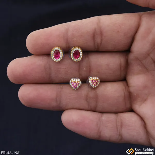 Pink_Diamonds_Gold_Plated_Two_Stud_Earrings_Set_For_Ladies_Style_A198