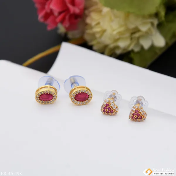 Pink_Diamonds_Gold_Plated_Two_Stud_Earrings_Set_For_Ladies_Style_A198