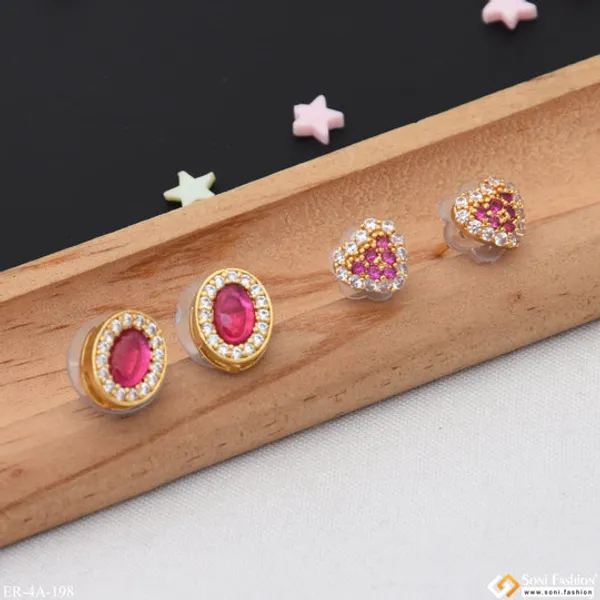 Pink_Diamonds_Gold_Plated_Two_Stud_Earrings_Set_For_Ladies_Style_A198