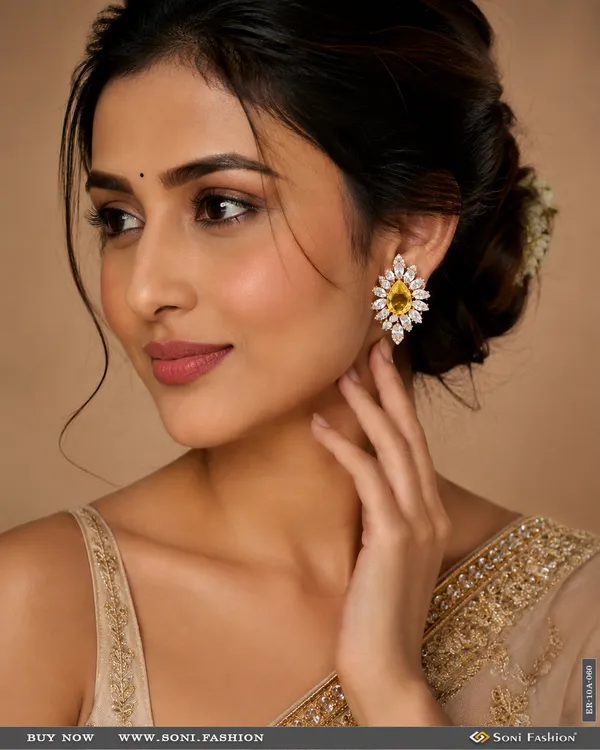Yellow_Stone_With_Diamond_Chic_Design_Gold_Plated_Earrings_For_Ladies_Style_A060