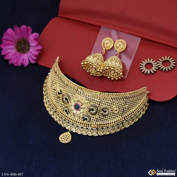 1_Gram_Gold_Plated_Beautiful_Design_Choker_Necklace_Set_For_Women_Style_B407