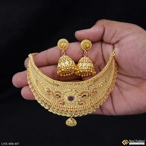 1_Gram_Gold_Plated_Beautiful_Design_Choker_Necklace_Set_For_Women_Style_B407