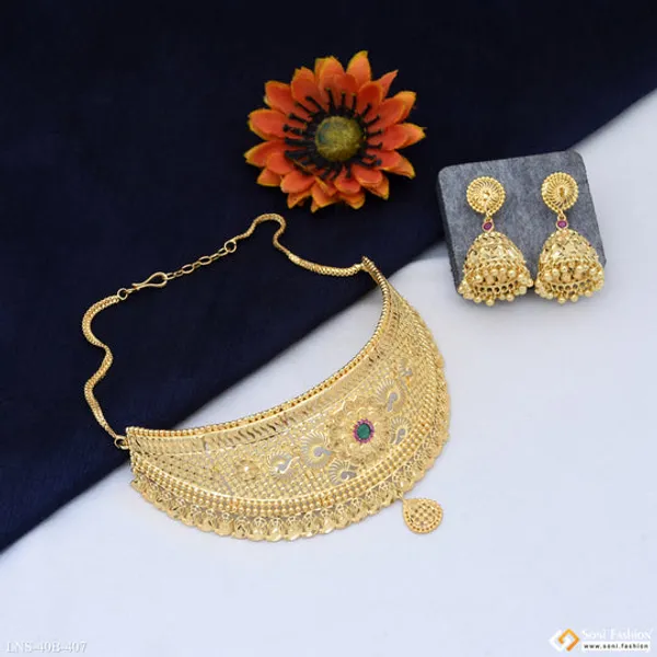 1_Gram_Gold_Plated_Beautiful_Design_Choker_Necklace_Set_For_Women_Style_B407