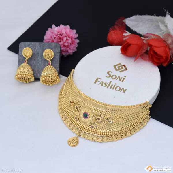 1_Gram_Gold_Plated_Beautiful_Design_Choker_Necklace_Set_For_Women_Style_B407