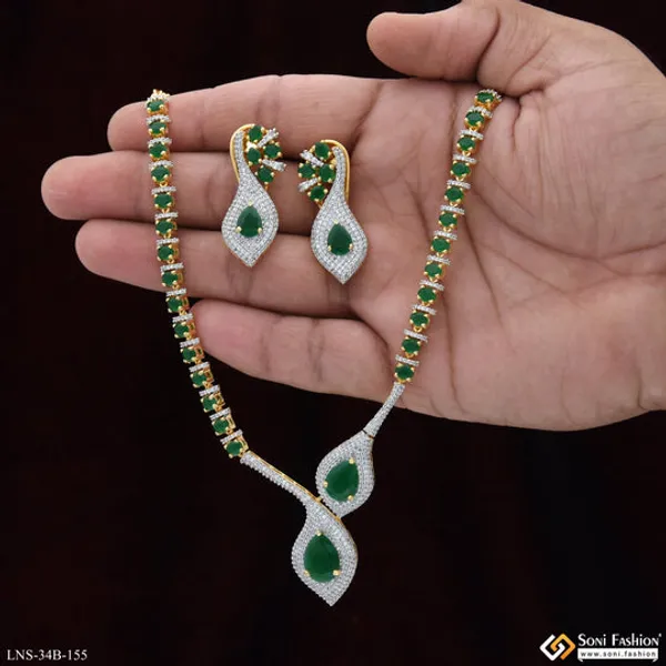 Green_Stone_Gold_Plated_Diamond_Necklace_Set_For_Ladies_Style_B155