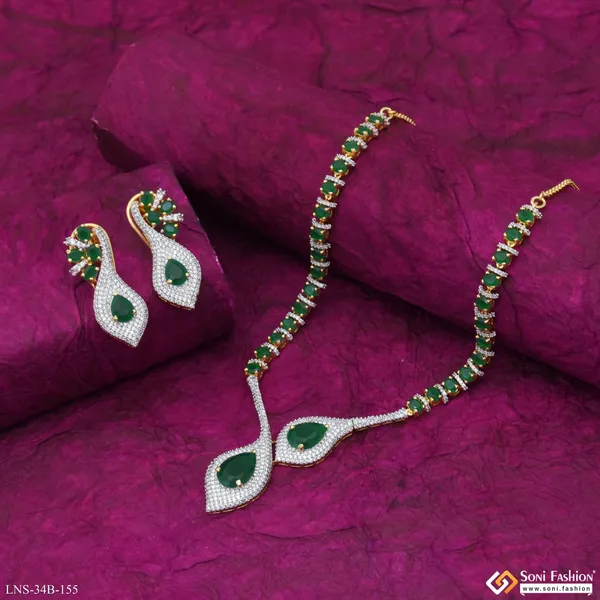Green_Stone_Gold_Plated_Diamond_Necklace_Set_For_Ladies_Style_B155