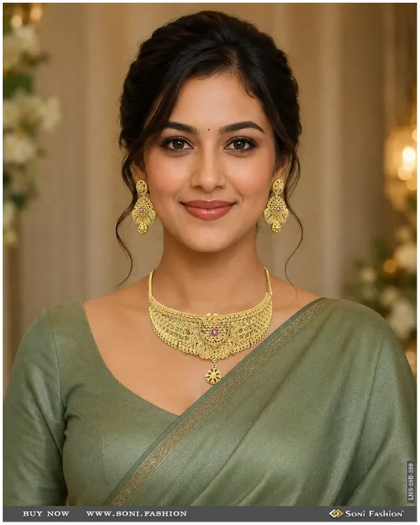 1_Gram_Gold_Plated_Glittering_Design_Choker_Necklace_Set_For_Women_Style_B399