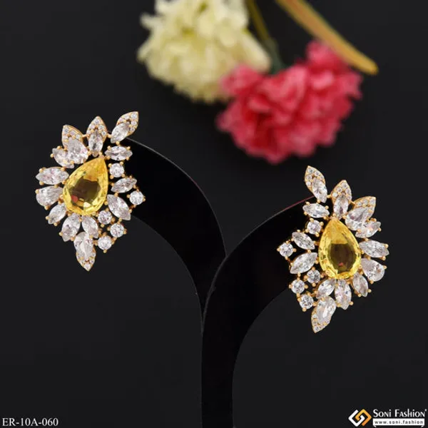 Yellow_Stone_With_Diamond_Chic_Design_Gold_Plated_Earrings_For_Ladies_Style_A060