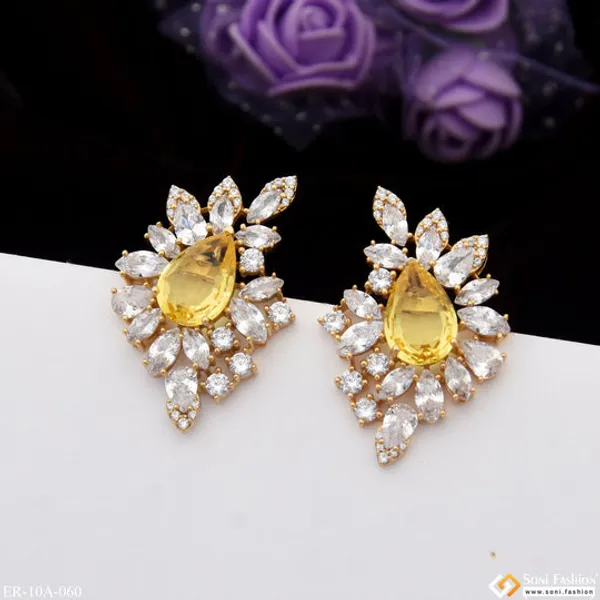 Yellow_Stone_With_Diamond_Chic_Design_Gold_Plated_Earrings_For_Ladies_Style_A060