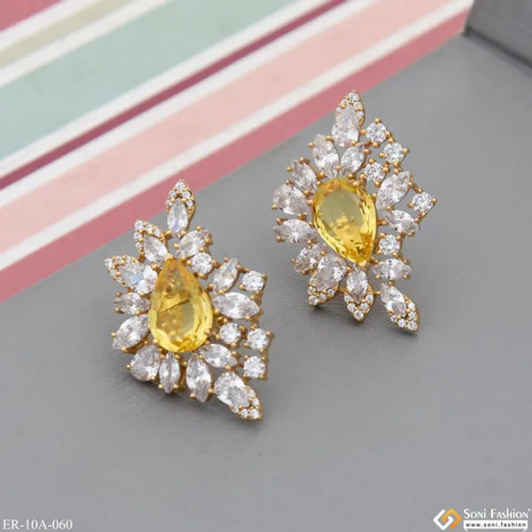 Yellow_Stone_With_Diamond_Chic_Design_Gold_Plated_Earrings_For_Ladies_Style_A060