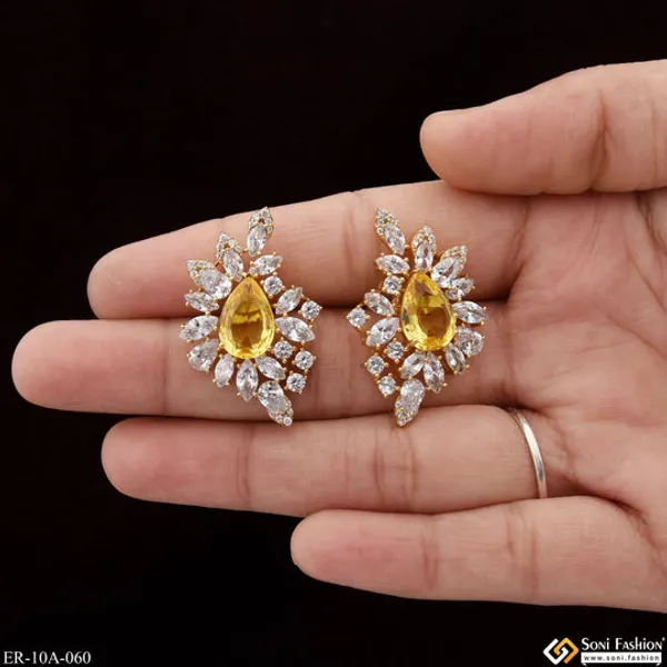 Yellow_Stone_With_Diamond_Chic_Design_Gold_Plated_Earrings_For_Ladies_Style_A060