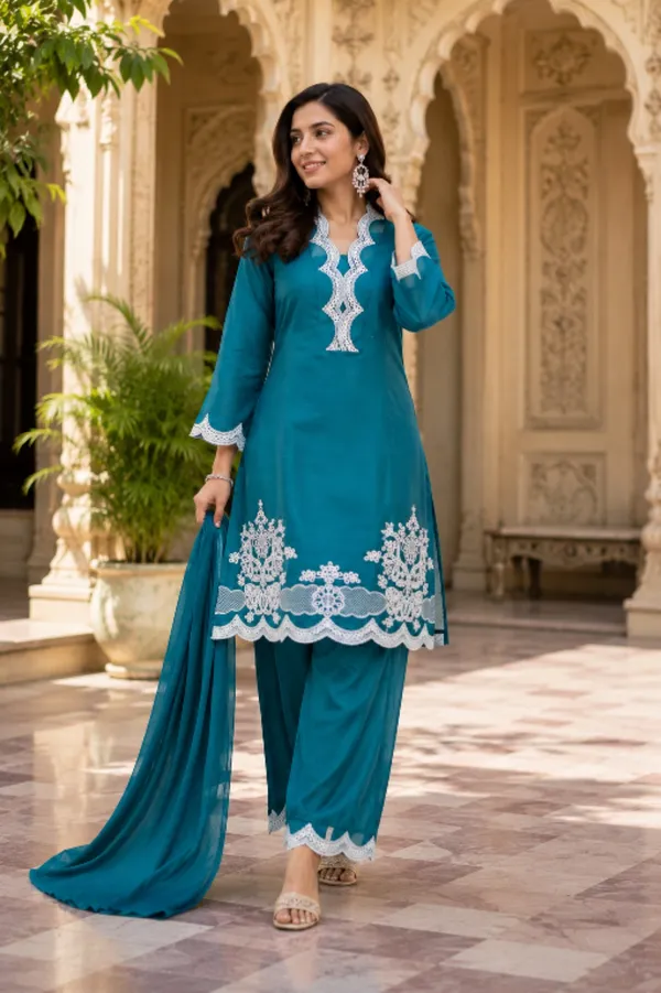Teal_Barleen_Fabric_Kurta_Dupatta_Set_For_Women