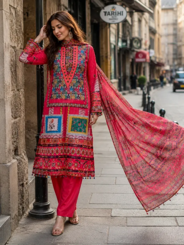Red_Pure_Muslin_Kurta_Dupatta_Set_For_Women