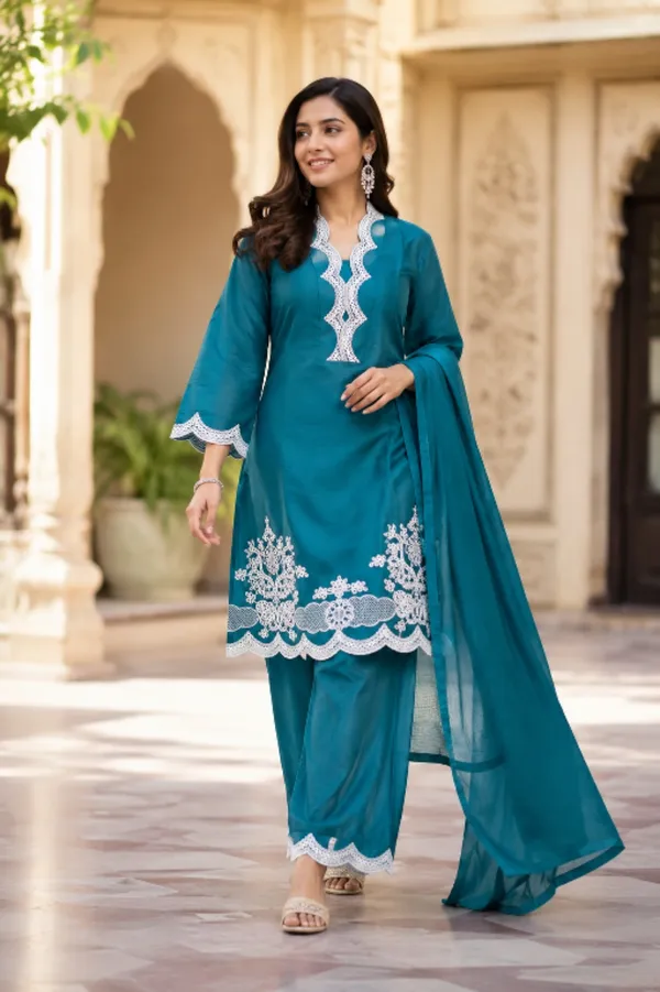 Teal_Barleen_Fabric_Kurta_Dupatta_Set_For_Women
