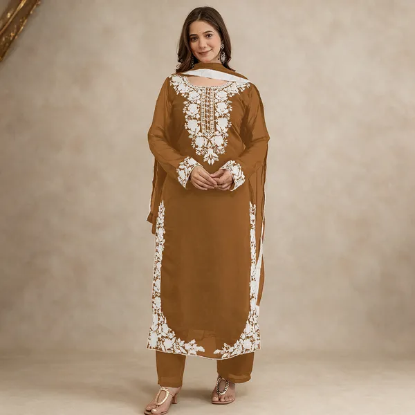 Brown_Georgette_Kurta_Dupatta_Set_For_Women