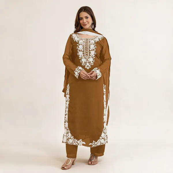 Brown_Georgette_Kurta_Dupatta_Set_For_Women