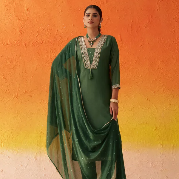 Green_Sparkle_Chinon_Kurta_Dupatta_Set_For_Women