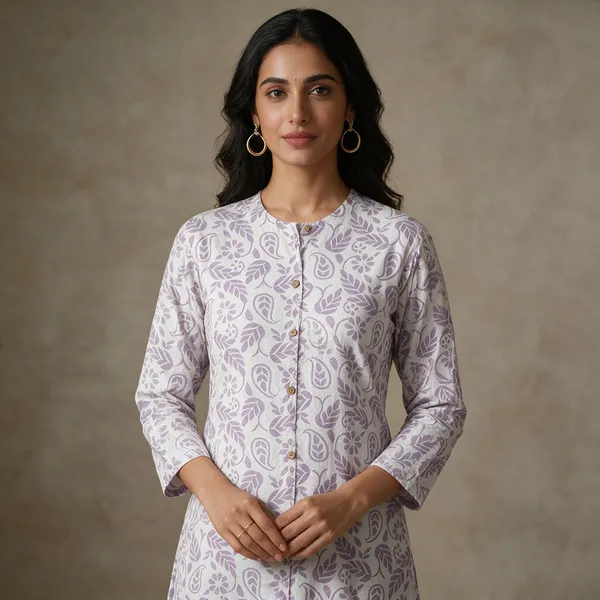 White_&_Lavender_Cotton_kurta_pant_set_For_Women