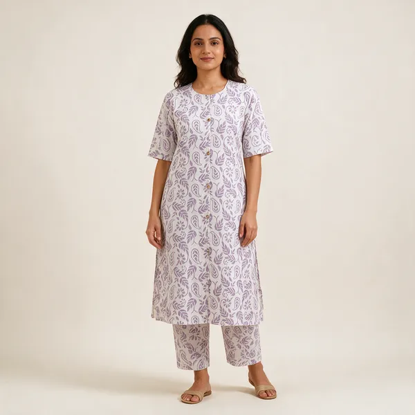 White_&_Lavender_Cotton_kurta_pant_set_For_Women