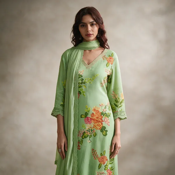 Green_Pure_Muslin_Kurta_Dupatta_Set_For_Women