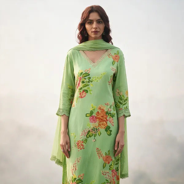Green_Pure_Muslin_Kurta_Dupatta_Set_For_Women