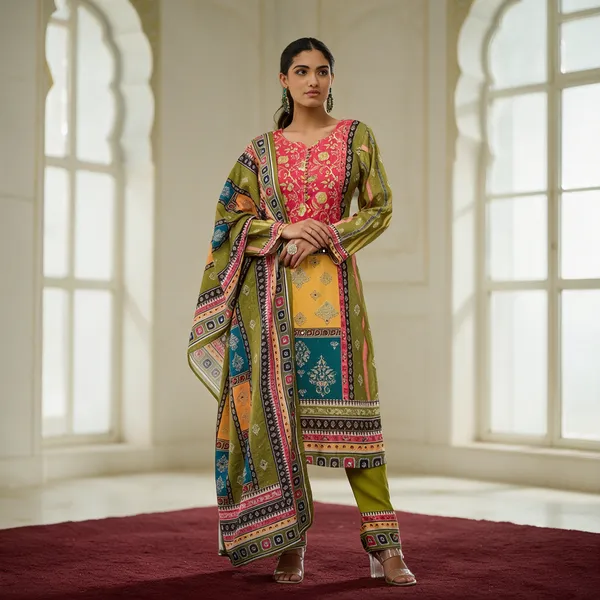 Multicolor_Velvet_With_Digital_Print_&_Stone_Work_Kurta_Dupatta_Set_For_Women