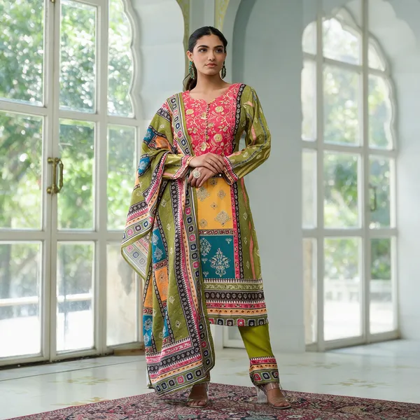 Multicolor_Velvet_With_Digital_Print_&_Stone_Work_Kurta_Dupatta_Set_For_Women
