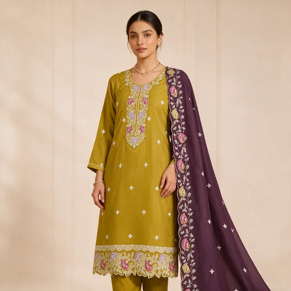 Mustard_Shimmer_Fabric_Kurta_Dupatta_Set_For_Women