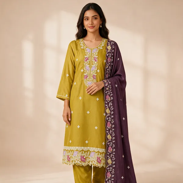 Mustard_Shimmer_Fabric_Kurta_Dupatta_Set_For_Women