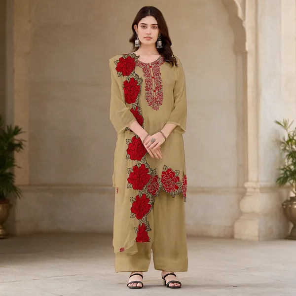 Beige_Georgette_With_Embroidery_&_Stone_Work_Kurta_Dupatta_Set_For_Women
