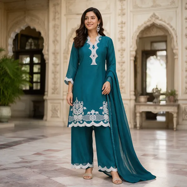 Teal_Barleen_Fabric_Kurta_Dupatta_Set_For_Women