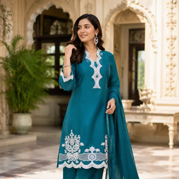 Teal_Barleen_Fabric_Kurta_Dupatta_Set_For_Women