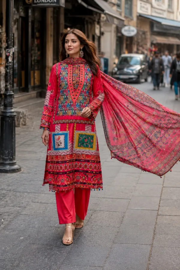 Red_Pure_Muslin_Kurta_Dupatta_Set_For_Women